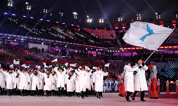 South and North Korean athletes jointly enter the opening ceremony of the 2018 PyeongChang Winter Olympics.